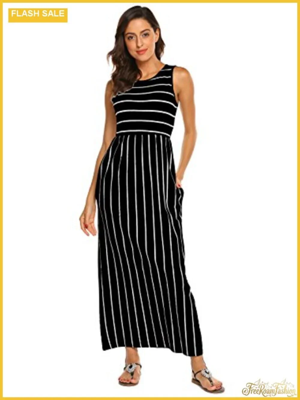 Women's Sleeveless Striped Long Maxi Dress with Pockets Casual Beach